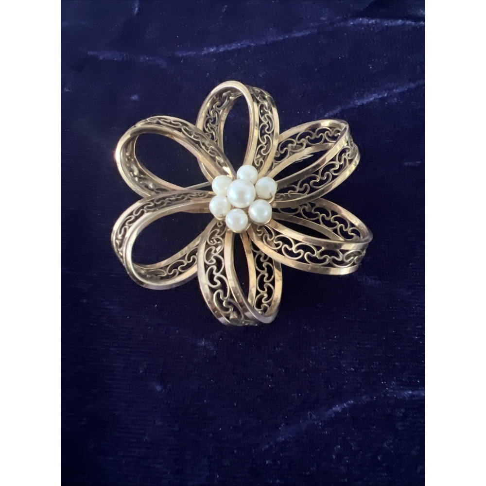 12K‎ Gold Filled Ribbon Winard Brooch W/ Pearl